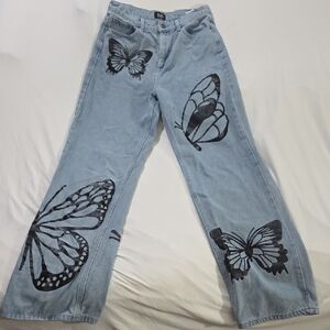 Butterfly Design Wide Leg Jeans in Light Blue